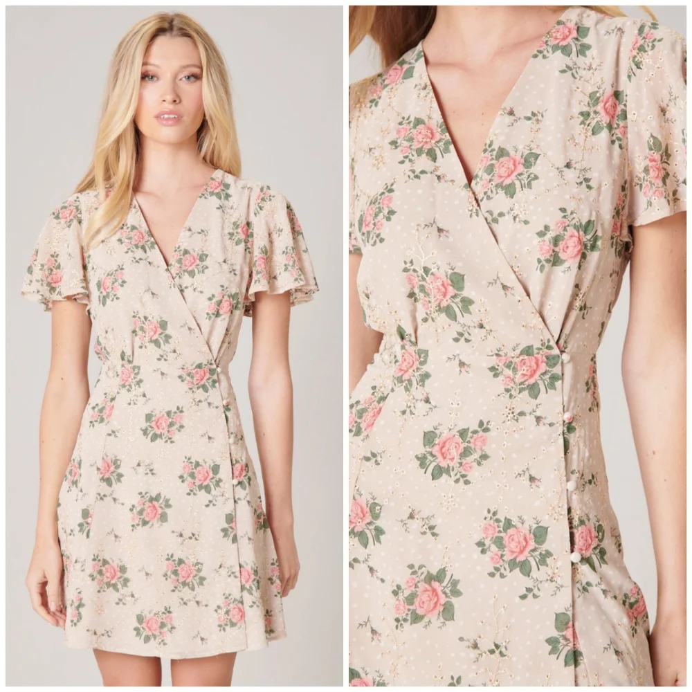 Sugarlips Cream Floral Mini Dress with Pink Roses - Picture 4 of 10